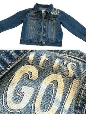 KID'S Denim Jacket with Silver Graphic 'Let's Go!' Sz 4-5 Yr Old Snap Close